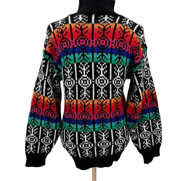 Vintage Ricki Black Knitted Fair Isle Nordic Mock Neck Sweater Small - Picture 4 of 6